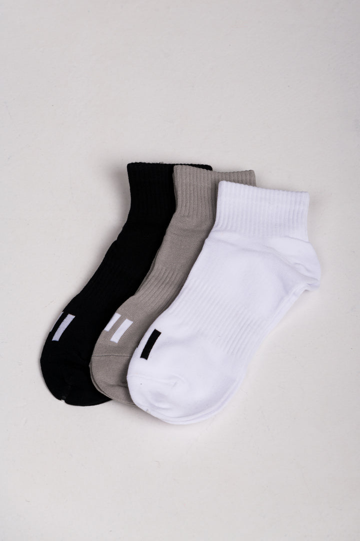 Premium Unisex Ankle Socks - Pack 3 | LYOM - White/Black/Grey